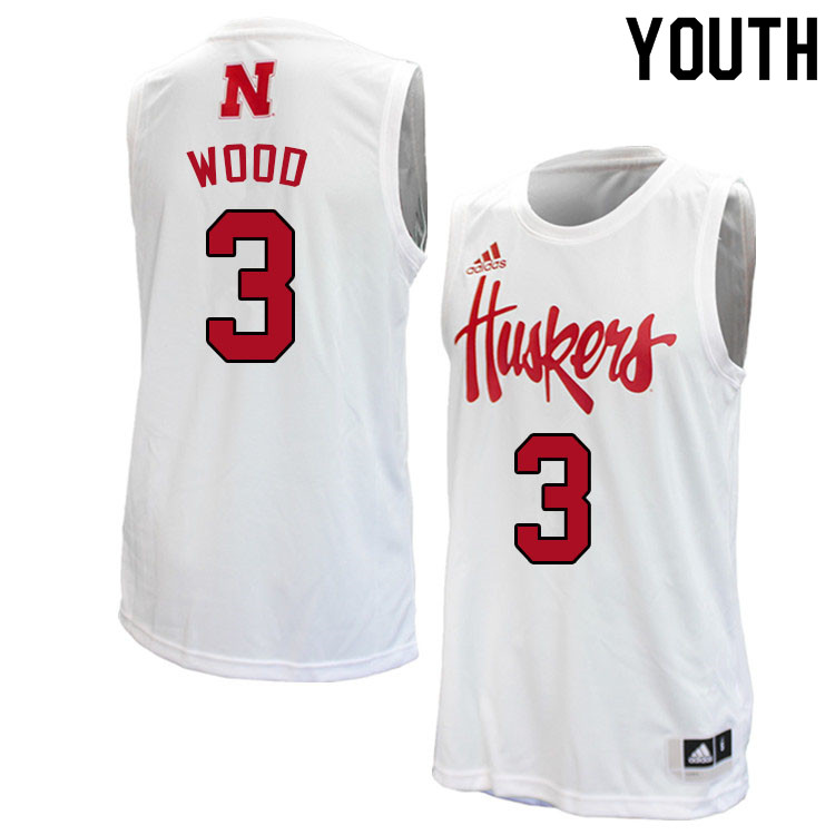 Youth #3 Elijah Wood Nebraska Cornhuskers College Basketball Jerseys Sale-White - Click Image to Close